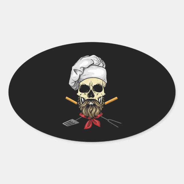 Adesivo Oval Cook Grill Mestre Chef Skull Face Halloween Presen (Frente)