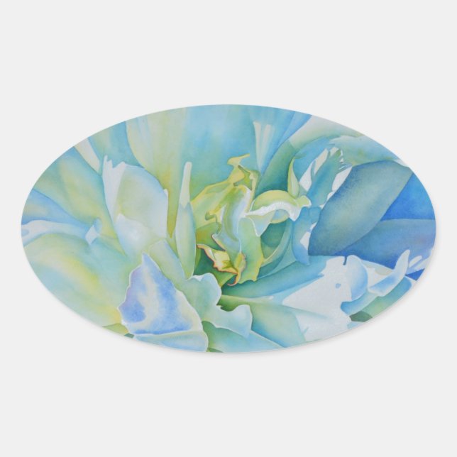 Adesivo Oval Cor de água floral azul Elegante (Frente)
