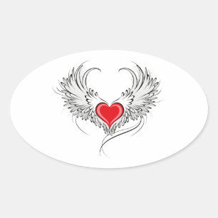 Adesivo Oval Coração Anjo Vermelho com asas