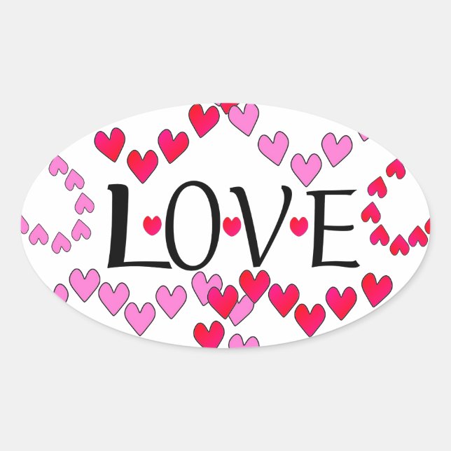 Adesivo Oval Corações Pequenos, Vermelho Rosa, AMOR (Frente)