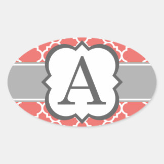 Adesivo Oval Coral Branco Monograma - Letra A Quatrefoil