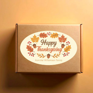 Adesivo Oval Coroa de Folhas de Ação de Graças Feliz Personaliz