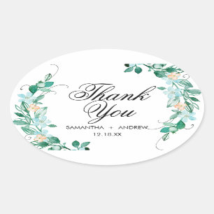 Adesivo Oval Coroa Floral de Hortelã e Pêssego Obrigado Casamen