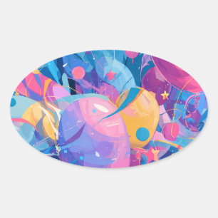 Adesivo Oval Cosmic Celebration: Abstract Floating Orbs and Sta