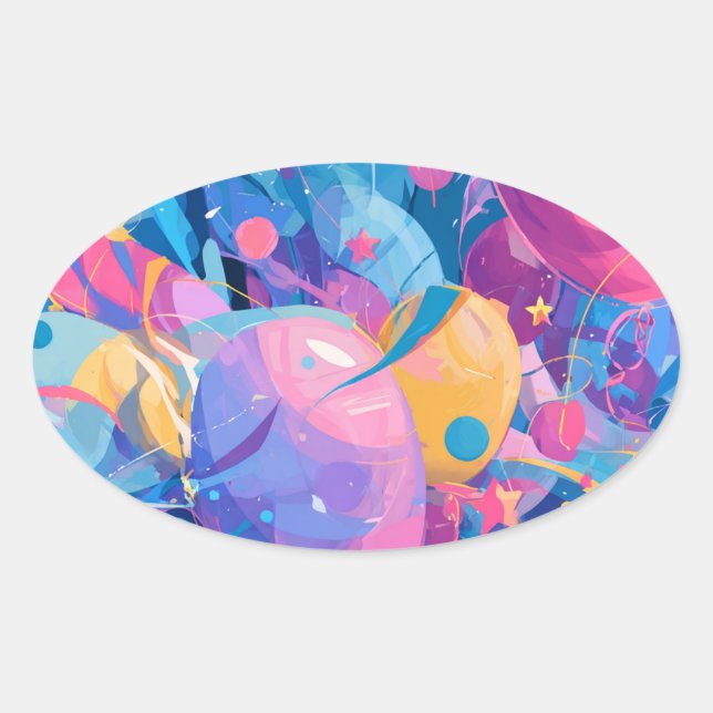 Adesivo Oval Cosmic Celebration: Abstract Floating Orbs and Sta (Frente)