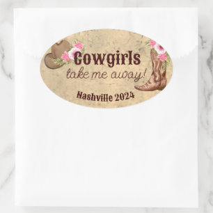 Adesivo Oval Cowgirls me levam embora rústico rosa floral