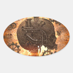 Adesivo Oval Crânio surpreendente do steampunk com engrenagens