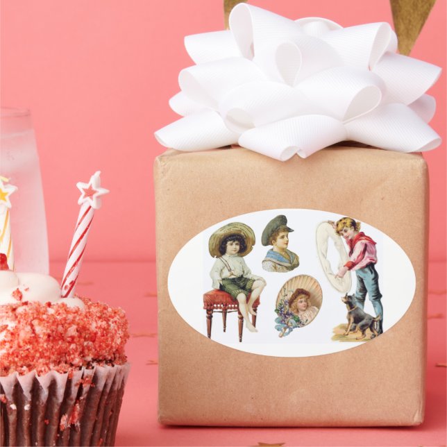Adesivo Oval Crianças Victorianas charmosas e Colagem de Cães (Festa)