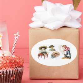 Adesivo Oval Crianças Victorianas charmosas e Colagem de Cães