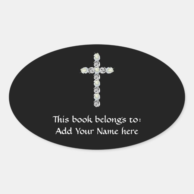 Adesivo Oval Cruz de Prata e Rosas Brancas (Frente)