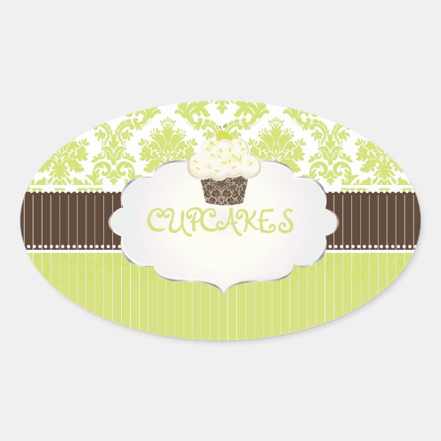 Adesivo Oval Cupcake da chave PixDezines+limão damask/DIY (Frente)