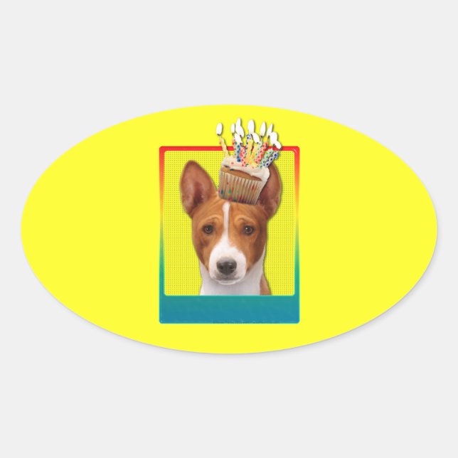 Adesivo Oval Cupcake de Convite - Basenji (Frente)