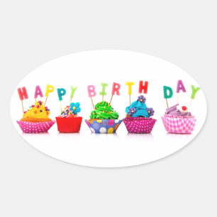 Adesivo Oval Cupcakes do feliz aniversario
