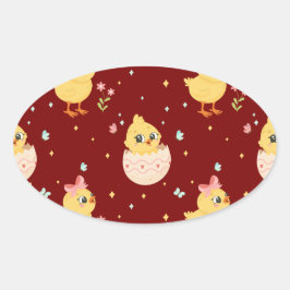Adesivo Oval Cute Easter Chick with Pink Bow Seamless Pattern 
