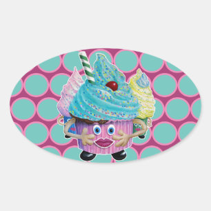 Adesivo Oval Cute Fantasy Creatur Cupcakes Illustrated