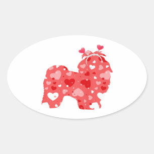 Adesivo Oval Cute Hearts Shih Tzu Dog Valentines Day