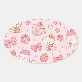Adesivo Oval Cute Kawaii Teddy Bear Strawberry Pattern Sticker 