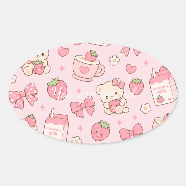 Adesivo Oval Cute Kawaii Teddy Bear Strawberry Pattern Sticker  (Frente)