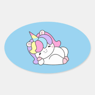 Adesivo Oval Cute Kawaii Unicorn Resting