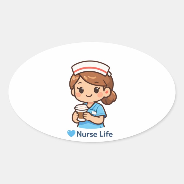 Adesivo Oval Cute Nurse Life Coffee Illustration | Nurse Sticke (Frente)