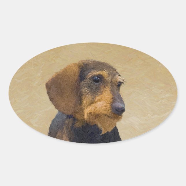 Adesivo Oval Dachshund (Wirehaired) Pintura Original para Cacho (Frente)