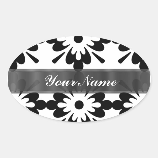 Adesivo Oval Damasco preto e branco moderno (Frente)