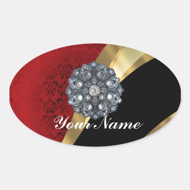 Adesivo Oval Damasco vermelho e ouro (Frente)