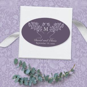 Adesivo Oval De árvore dos ramos casamento roxo do monograma