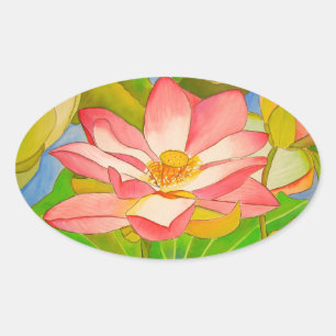 Adesivo Oval De Lotus do rosa pintura da arte da aguarela