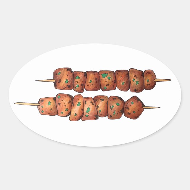 Adesivo Oval Delicioso Souvlaki Meat Pork Skewer Grego Cuisine (Frente)