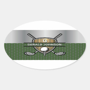 Adesivo Oval Desenho de Monograma de Golfe com Escudo de Ouro E