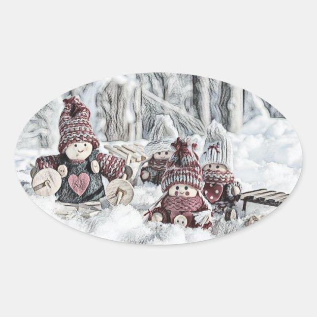 Adesivo Oval Desenho Vintage de Gnomos na Neve (Frente)