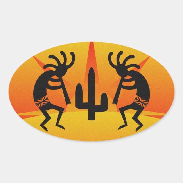 Adesivo Oval Desert Sun Cactus Southwest Kokopelli (Frente)