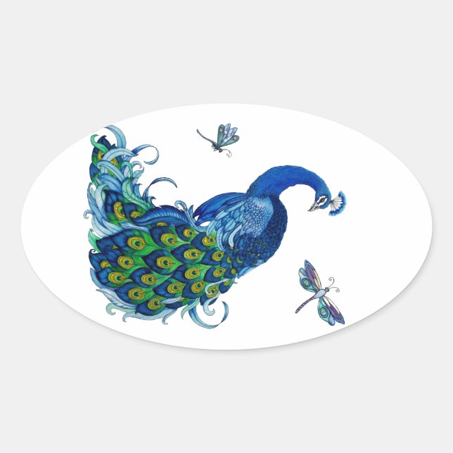 Adesivo Oval Design Clássico de Peacock e Dragonfly (Frente)