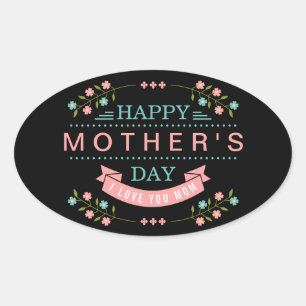 Adesivo Oval Dia de as mães Feliz - Chic Teal Cream - Floral R
