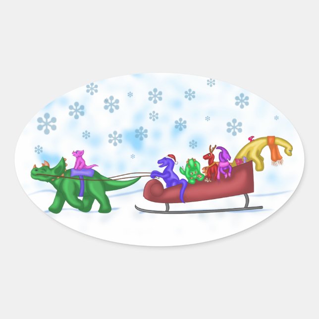 Adesivo Oval Dinosaur Sleigh Ride (Frente)