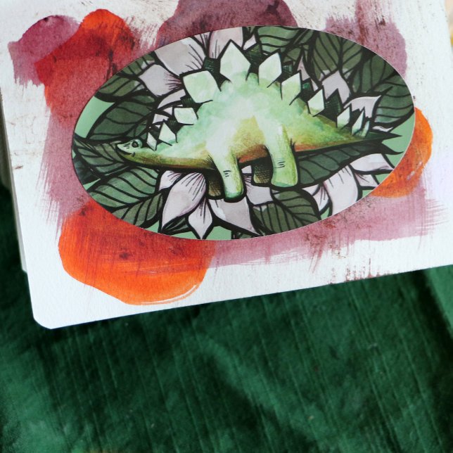 Adesivo Oval Dinossauros da Flor do Dinossauro do Stegossauro (Criador carregado)