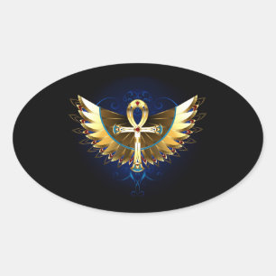 Adesivo Oval Dourada Ankh com Asas