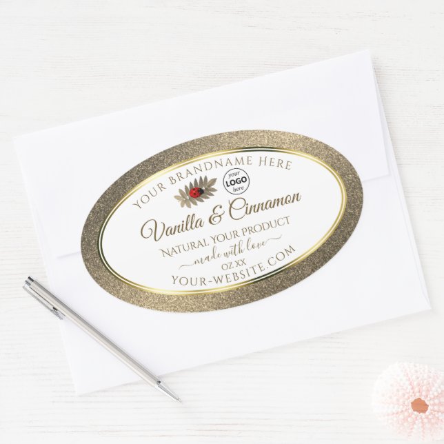 Adesivo Oval Dourada Glitter White Product Labels Ladybug Adici (Envelope)