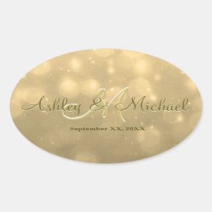 Adesivo Oval Dourado Bokeh   Vinheta Monograma de Casamento