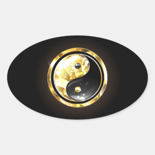 Adesivo Oval Dourado Yin Yang a preto