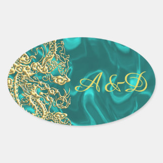 Adesivo Oval Dragão Dourado em relevo na Turquesa Satin Impress