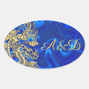 Adesivo Oval Dragão Dourado embutido em Satin Azul