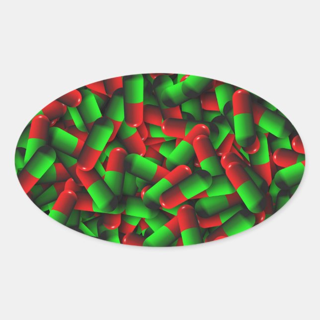 Adesivo Oval drogas de pílulas verdes vermelhas (Frente)