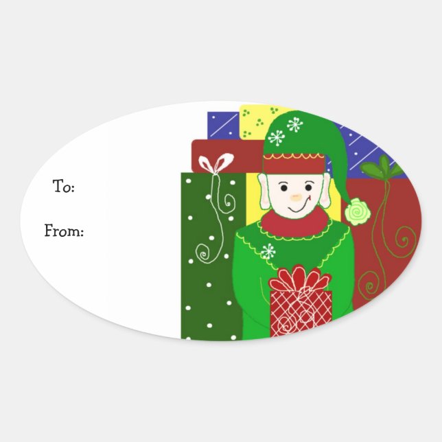 Adesivo Oval Duende de Natal Alegre (Frente)