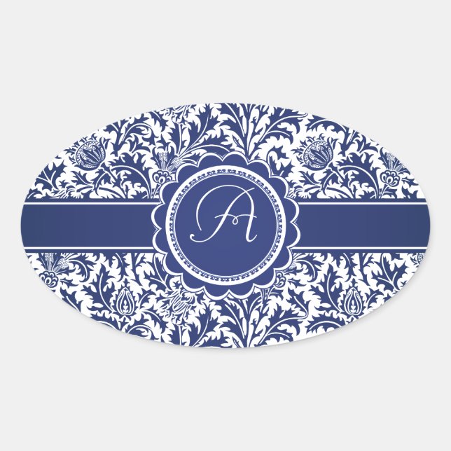 Adesivo Oval Elegante Blue e White William Morris Floral (Frente)