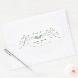 Adesivo Oval Elegante Flor Selvagem e Borboleta Obrigado