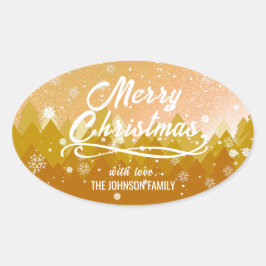 Adesivo Oval Elegante Ouro Pacífico Neve Floresta Feliz Natal