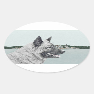 Adesivo Oval Elkhound norueguês na pintura da vila - Arte cani