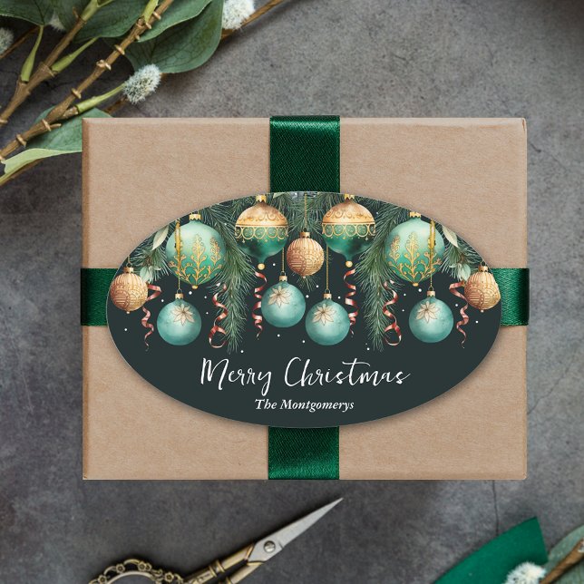 Adesivo Oval Enfeites de Natal Árvore de Natal (Gold and green tree ornaments Merry Christmas oval stickers 4.5" x 2.7")